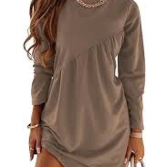 Women's PRETTYGARDEN Long Sleeved Mini Tunic Dress in Brown - Picture 1 of 4